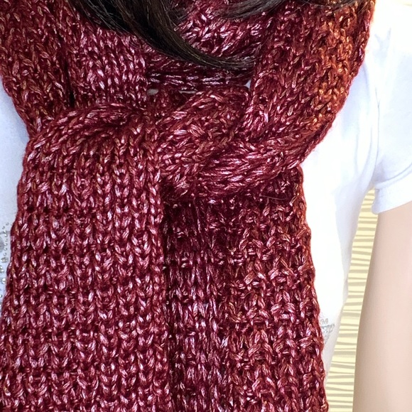 Hand knit Burgundy and Silver Scarf - Picture 2 of 4